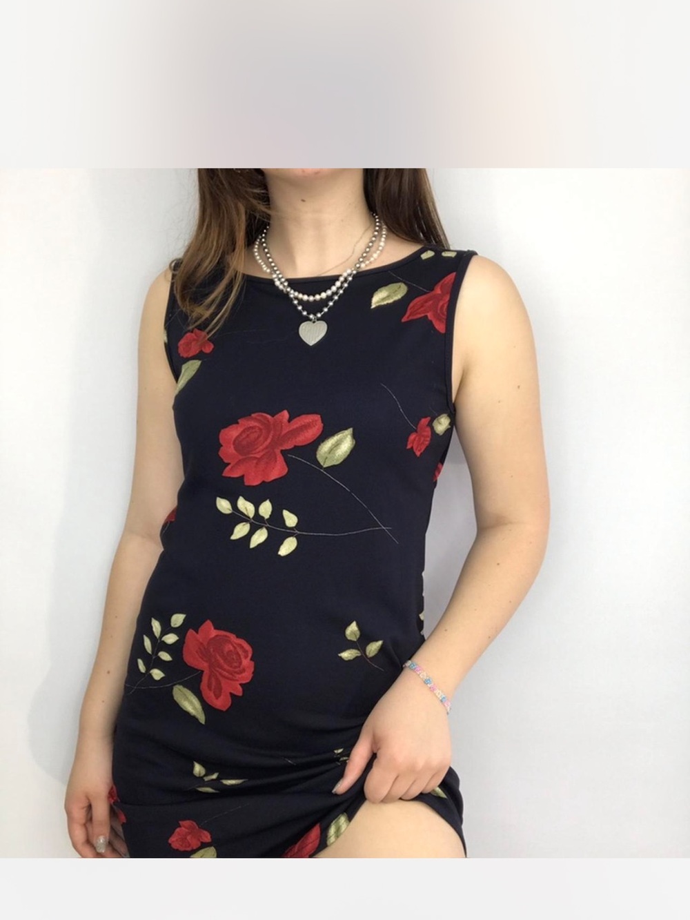 Sleeveless Black Dress with Red Rose Print